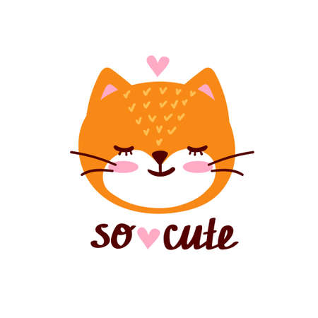 Vector, clip art, hand drawn Valentines day illustration. Funny, fairy tale, forest animal, cat, face. Sticker, print for cards, posters t-shirts other clothes and moreのイラスト素材