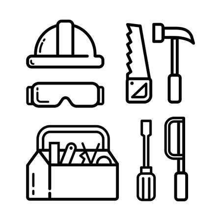 Vector black line carpentry icons set on white background. Vector illustration.のイラスト素材