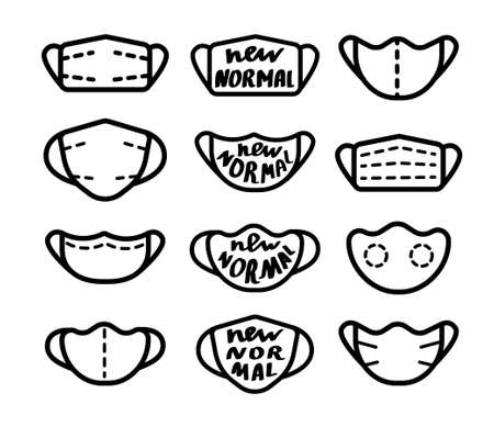 Medical mask icons set. With handwritten text - new normal. Vector illustration isolated on white.のイラスト素材