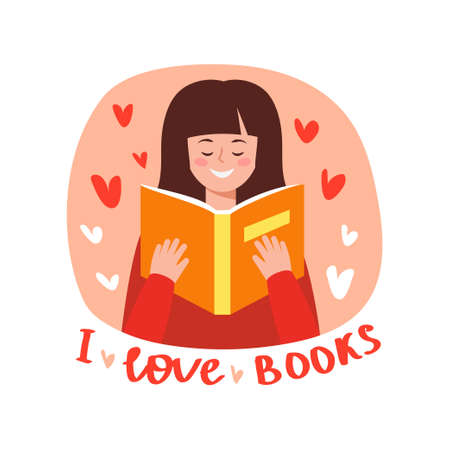 Girl writing diary or journal. Happy young woman reading book. Vector illustration with text - i love books.のイラスト素材