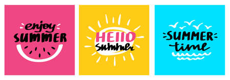 Hello Summer vector lettering card set. Fun quote hipster design cards collection. Hand lettering inspirational typography poster, banner.のイラスト素材