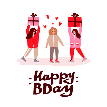 Happy birthday card with lettering. Holiday text and decorations. Vector element isolated on white.のイラスト素材