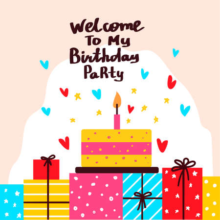 Happy birthday lettering vector card. Holiday text and decorations.のイラスト素材