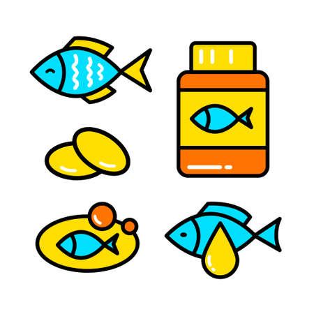 Omega 3 logo design. Fish oil vector design. Fish simple icon setのイラスト素材