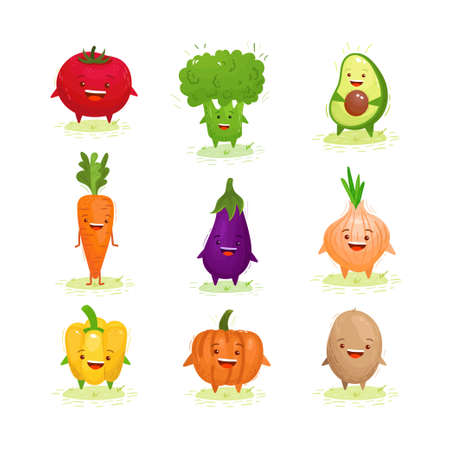 Cute kawaii smiling vegetables. Healthy style collection.のイラスト素材