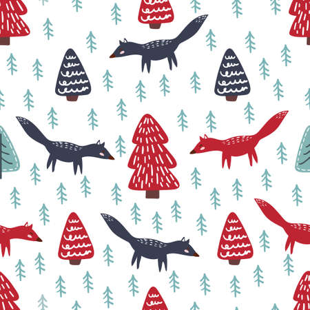 Cute vector seamless pattern with foxes, Christmas trees, forest in Scandinavian style.