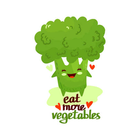 Happy smilling cute broccoli. Vector flat style cartoon character illustration icon design. Text - eat more vegetables. Broccoli healthy food, good nutrition,vegetarian concept.のイラスト素材