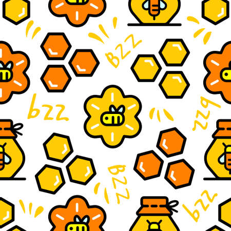 Vector seamless pattern with bees, propolis and honeycombs