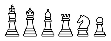 Chess Pieces. King Queen Rook Pawn Knight and Bishop. Vector Illustration Icons Set in outline style.のイラスト素材