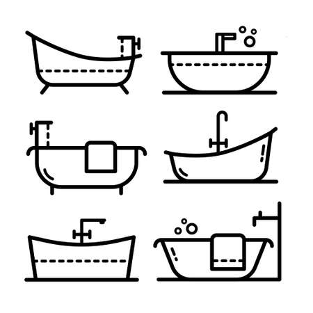 Bathtub outline icon set. Thin line illustration. Bath. Contour symbol. Vector linear isolated collection drawing isolated on white background.のイラスト素材
