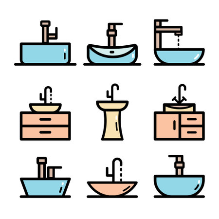 Sink simple color icons set isolated on white background. Vector washbasin element In trendy style.のイラスト素材