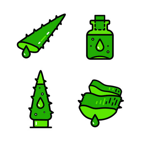 Agava aloe vera green color icons set. Juice from cut succulent. Liquid from sliced cactus leaf. Mortar with pestle for botanical ingredients. Natural organic cosmetic. Isolated vector illustrationsのイラスト素材