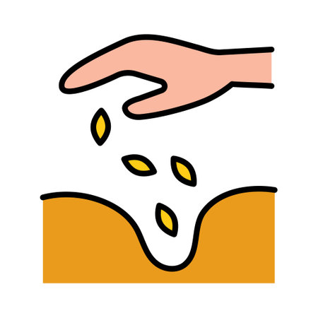 Hand sowing seeds in ground icon. Planting seeds in ground. Pictogram isolated on white background. Hand planting seeds in ground icon for mobile web design. Vector color graphics.のイラスト素材