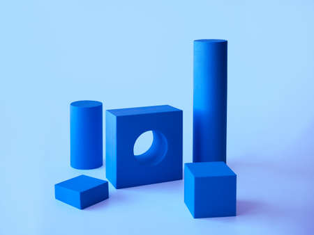Composition with podiums for the presentation of products. Layout of the scene of shapes in blue. A showcase for goods.の写真素材