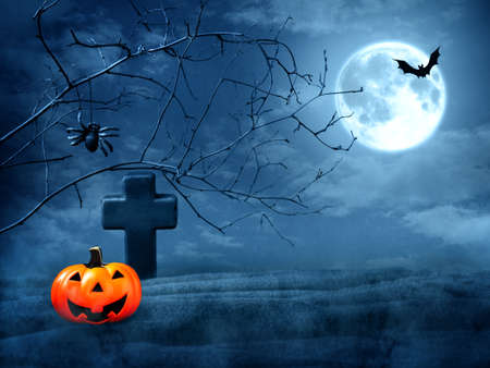 Halloween background. Pumpkin Jack in the cemetery on a creepy, dark night with a full moon. Scary spider on a branch.の写真素材