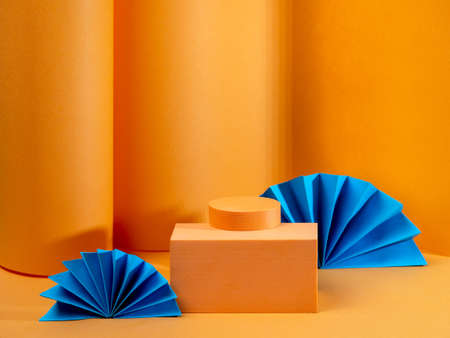 Minimal abstract bright orange background, the layout of the scene with the geometrical form of a...