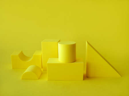 Composition with podiums for the presentation of products. Layout of the scene with yellow figures and a gift. Showcaseの写真素材