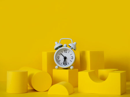 composition with podiums for the presentation of products. A scene layout with geometric shapes and a clock. Showcase. copy space and product adsの写真素材