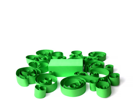 Stand for advertising display. Exhibition green podium with geometric shapes. Empty pedestal for displaying the productの写真素材