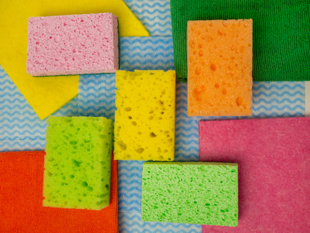 Close-up of the texture of the Dish Washing Sponge. Home cleaning concept. sponge for dishesの写真素材