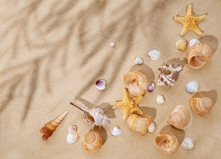 Concept summer, sea, travel. starfish and seashells on the sand. Shade from tropical plants. copy space. View from aboveの写真素材