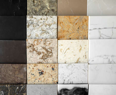 A sample of decorative artificial stone. Natural stone texture for kitchen countertops and floors. Finishing materials.の写真素材