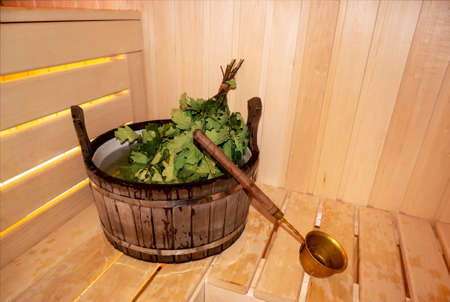Finnish sauna interior, classic wooden sauna, Russian sauna, sauna accessories in a village bath. SPA conceptの写真素材