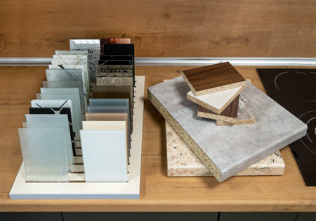 Furniture production. Catalog of samples of materials for kitchen countertops, facades made of artificial stone, plastic, laminate and chipboardの写真素材