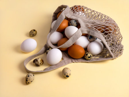 Natural chicken and quail eggs in a mesh shopping bag on a bright background. Easter card. The concept of zero wasteの写真素材