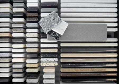 A sample of artificial acrylic stone for kitchen countertops and other furniture. Stone texture for modern interior design. Furniture manufacturingの写真素材