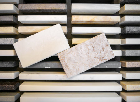 Furniture manufacturing Sample of artificial acrylic stone for kitchen countertops and other furniture. Stone texture for modern interior design.の写真素材