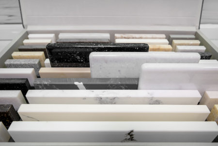 Furniture manufacturing Sample of artificial acrylic stone for kitchen countertops and other furniture. Stone texture for modern interior design.の写真素材