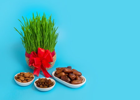 The vernal equinox, a traditional table on Navruz. wheat grass, Arabic baklava dessert, sweets, nuts, dried fruitsの写真素材