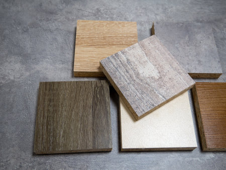 Samples of finishing materials for the manufacture of furniture. Fiberboard of medium density chipboardの写真素材