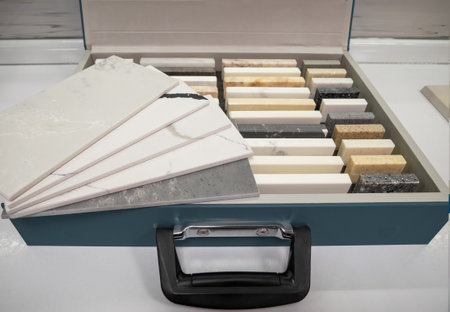 A sample of artificial acrylic stone for kitchen countertops and other furniture. Stone texture for...
