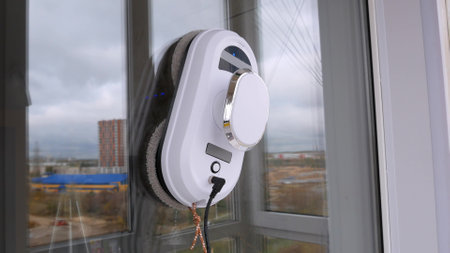 A household window cleaner robot washes a dirty window. Automatic robot vacuum cleaners for washing glass windows. Cleaning the house with smart devicesの写真素材