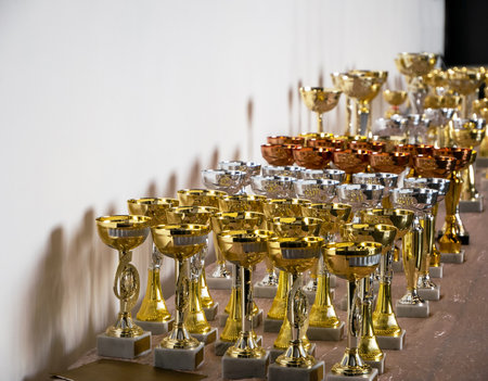 Cups for awarding the winners. Champion cups, elements of winning races, sports, an exhibition or a computer game. Prizes and symbols of success. A reward for the best results.の写真素材