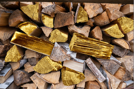 Firewood stacked together with firewood painted with gold paint. The concept of increasing energy and heating costs.の写真素材