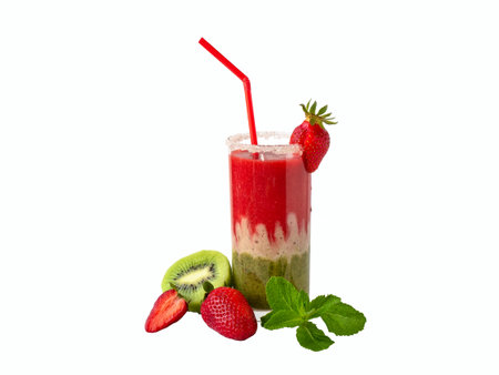 Refreshing, healthy three-layer cocktail of strawberries, banana, kiwi, mint. Healthy food, vitamins. vegetarian foodの写真素材