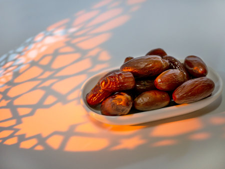 An arabesque shade and dates on a saucer, ready to eat during iftar. The holy month of Ramadan Karim for Muslims. Ramadan Mubarak. The Islamic religion.の写真素材