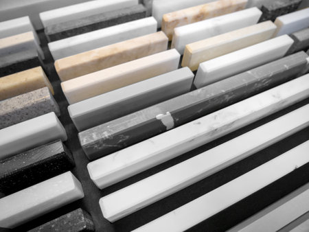 A sample of artificial acrylic stone for kitchen countertops and other furniture. Stone texture for modern interior design. Furniture manufacturingの写真素材