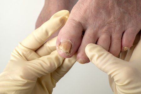 Toenail fungus. A podologist examines toenails affected by a fungal infection. Onycholysis of nails, Paramedicine, Medical pedicure, aging problems.の写真素材