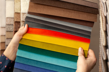 Samples of multicolored fabrics. A woman chooses a fabric for a sofa. Catalog of textiles for the...