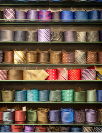 Neatly folded ties of different colors are laid out on a shelf. A large selection of ties in the men's clothing and fashion accessories store.の写真素材