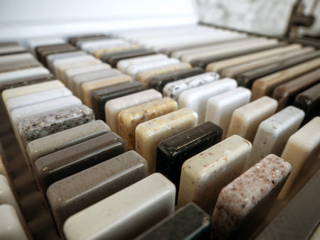 A sample of artificial acrylic stone for kitchen countertops and other furniture. Stone texture for...