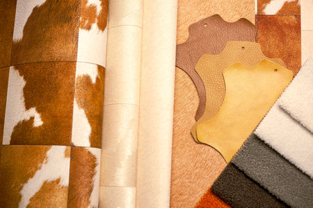 Home interior design. Wallpaper for walls, artificial leather and textiles for furniture making. Materials and accessories for home renovation and interior planning. Copy spaceの写真素材
