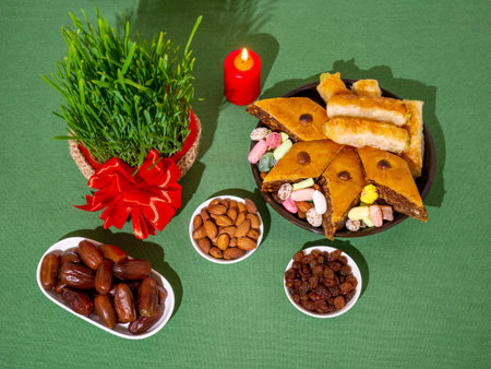 A traditional Navruz table. The day of the vernal equinox. Wheat sprouts, Arab dessert baklava, sweets, nuts, dried fruits on a table covered with a tablecloth.の写真素材