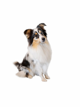 Sheltie or Shetland Shepherd, a miniature collie sits on a white backgroundの写真素材