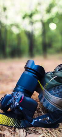 Camera and binoculars on the ground in the forest. Selective focus.