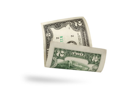 Two dollar banknote isolated on white backgroundの写真素材